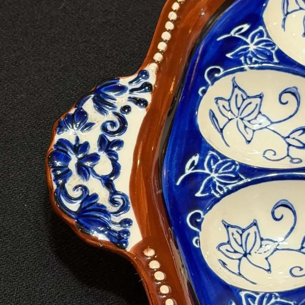 Majolica Ceramic Hand Painted Floral Lace 12 Egg Tray Platter 12”
